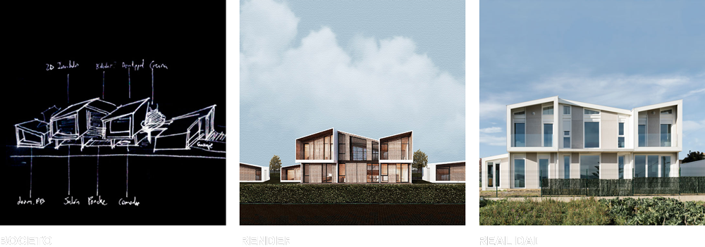 fotografías del proceso de bocetado, renderizado y realidad de una casa modular