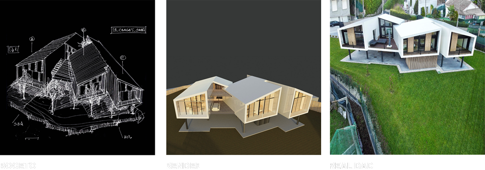 Boceto, render y realidad de casa otra modular, proceso de ideación de una casa modular
