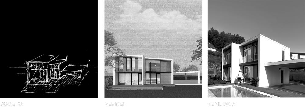 Boceto, render y realidad de casa otra modular, proceso de ideación de una casa modular